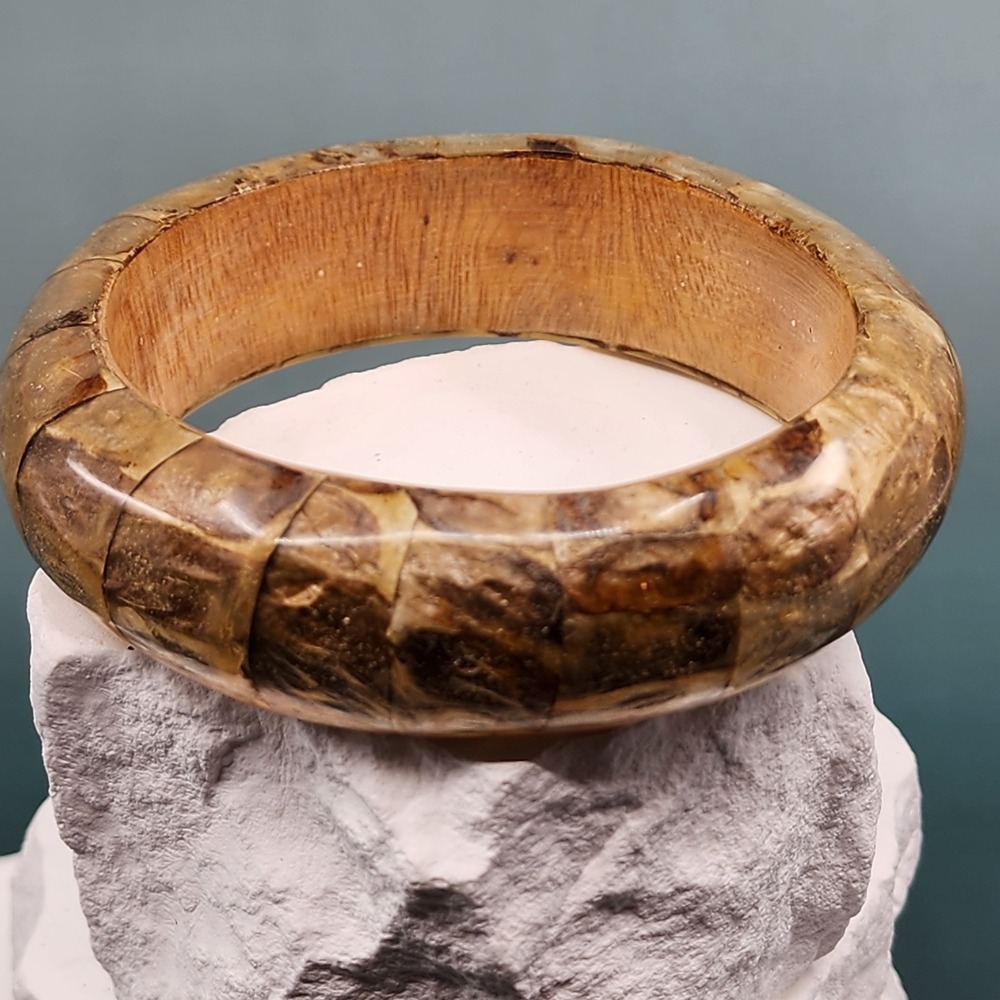 Wide Wood Bangle Bracelet Brown Mosaic Inlay Resin Coated Chunky Boho Statement